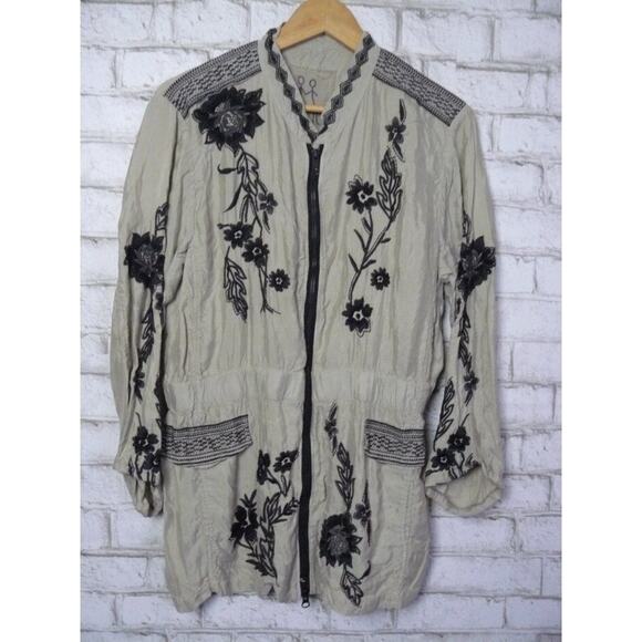 $298 Johnny Was Crawford Khaki Black Embroidered Zip Up Cupra Jacket Medium NEW